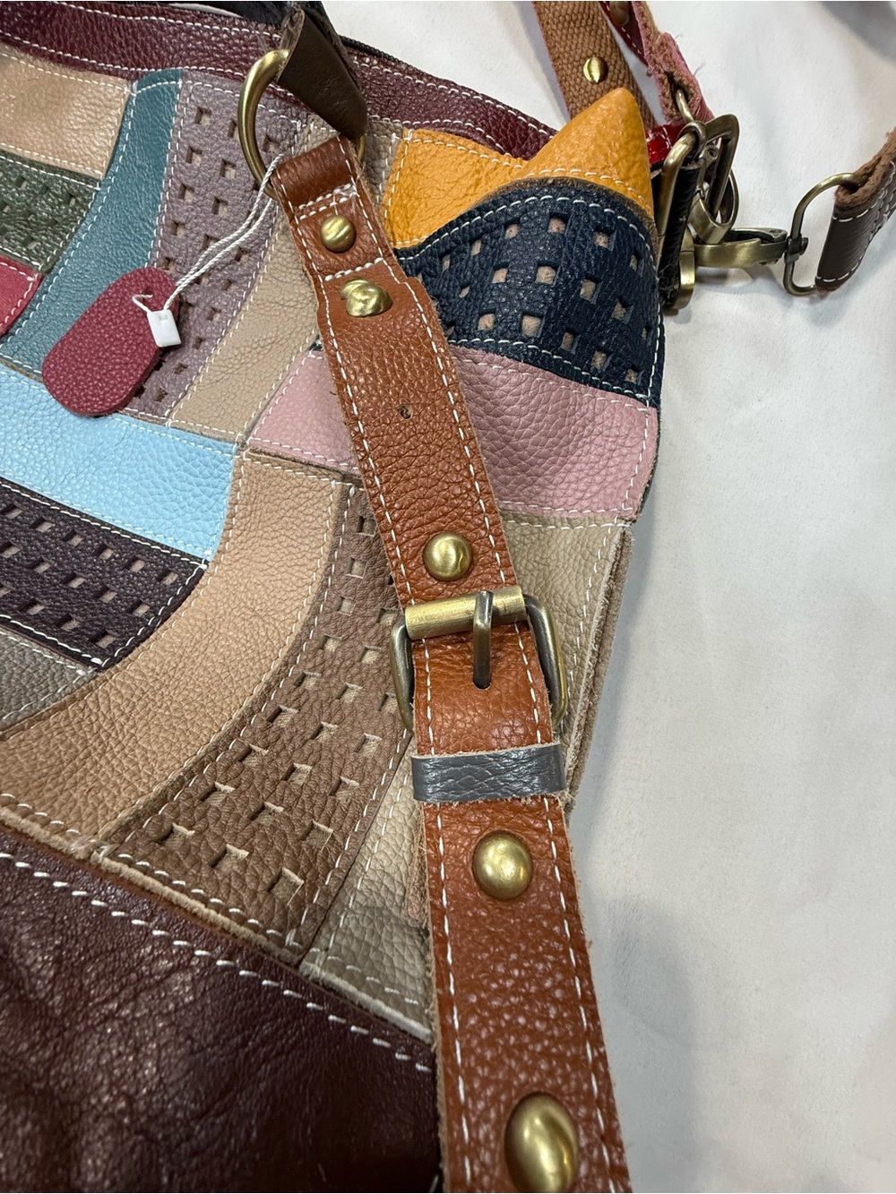 Colorful Striped Leather Shoulder Bag with Studded Strap - Picture 5 of 13